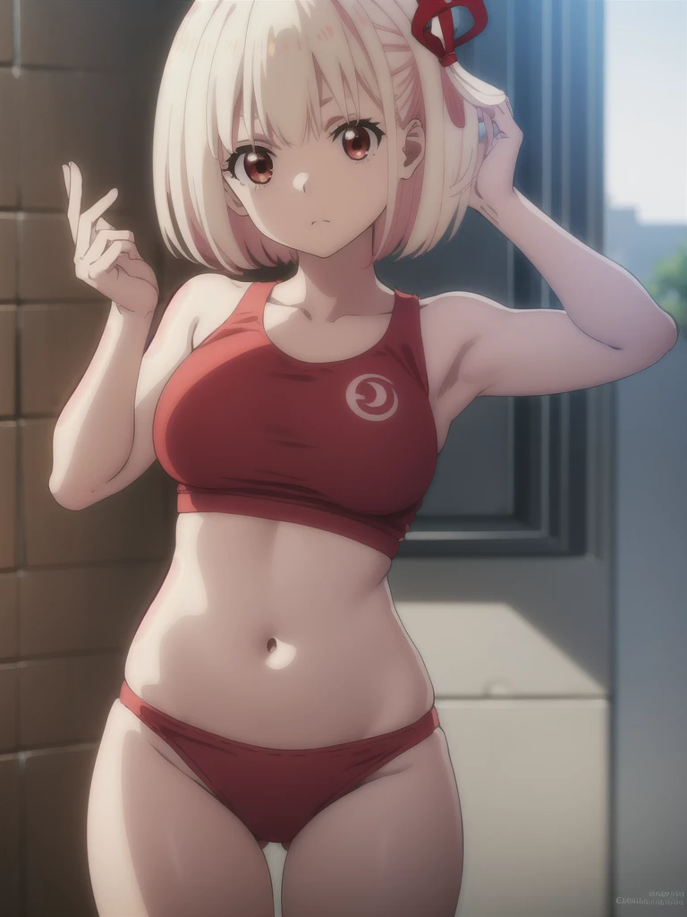 chisatonishikigi, nishikigi chisato, short hair, bangs, blonde hair, (red eyes:1.5), hair ribbon, one side up, bob cut,
BREAK navel, bare shoulders, thighs, stomach, crop top, buruma, sportswear, zipper pull tab, red buruma, sports bikini,
BREAK outdoors, track and field,
BREAK looking at viewer, BREAK (masterpiece:1.2), best quality, high resolution, unity 8k wallpaper, (illustration:0.8), (beautiful detailed eyes:1.6), extremely detailed face, perfect lighting, extremely detailed CG, (perfect hands, perfect anatomy),