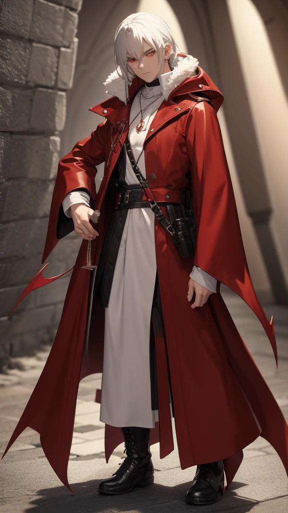 Name: V Age: 17 years Male Demon hunter costume Occupation: Demon Hunter Breath: Breathing Blood Appearance Height: 1.75m Weight: 65kg Hair: white, long and messy eyes: Red Skin: Pale Clothes: He wears a long black coat, leather boots and a red t-shirt. He always wears a pendant with a red crystal on his neck..
