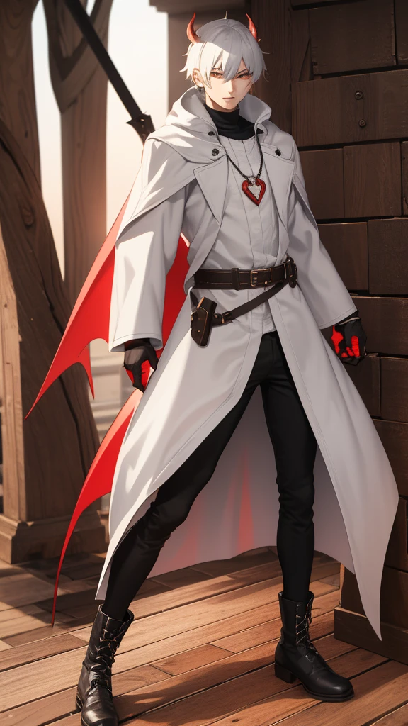 Name: V Age: 17 years Male Demon hunter costume Occupation: Demon Hunter Breath: Breathing Blood Appearance Height: 1.75m Weight: 65kg Hair: white, long and messy eyes: Red Skin: Pale Clothes: He wears a long black coat, leather boots and a red t-shirt. He always wears a pendant with a red crystal on his neck..