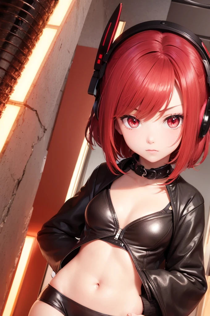 girl anime, 15 years, selfie, head-set, music, red eyes, red hair, angry, fire background
