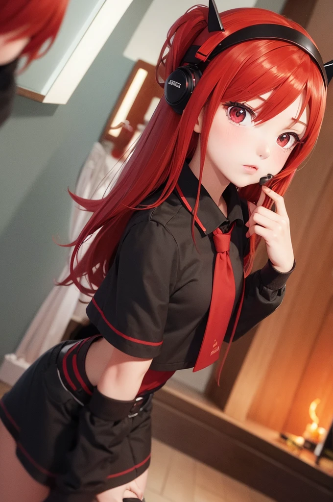 girl anime, , selfie, head-set, music, red eyes, red hair, angry, fire background