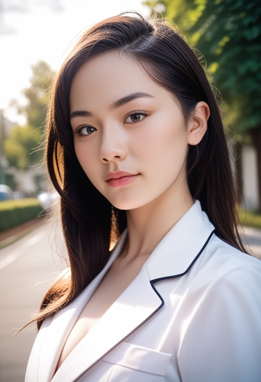 8k, raw photo, best quality, masterpiece, realistic, photo realistic, clear, professional lighting, beautiful face, best quality,ultra high res, realistic japanese beautiful, Super detailed, 1girl, outdoor, (looking down:1.2)