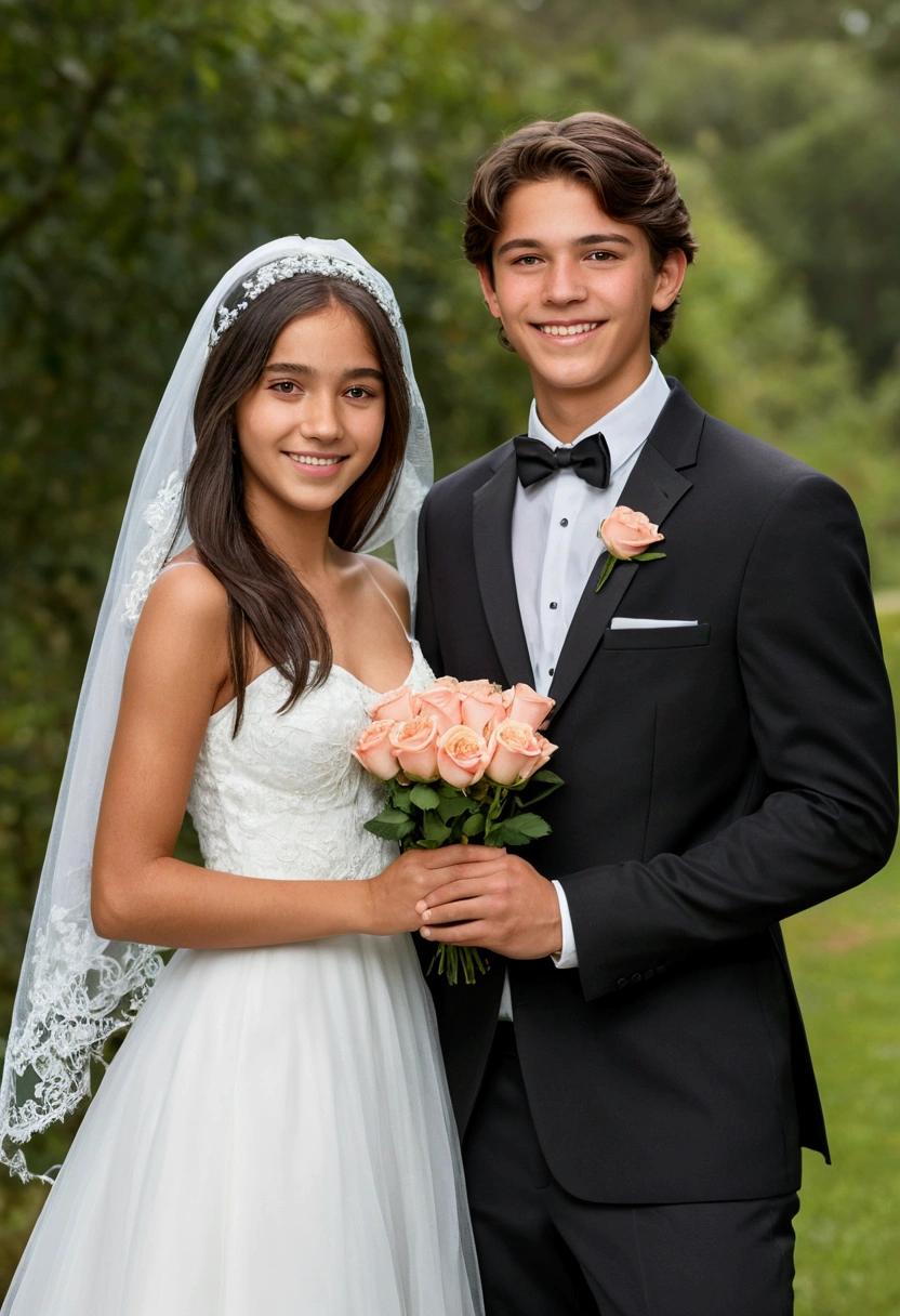 generate an image of an engaged couple with a Brazilian teenage appearance, smiling, he has very short, brown hair, he must be wearing a black suit, she has black, straight hair, she must be wearing a beautiful white wedding dress, flowing and a beautiful veil on her head, she must be holding a bouquet of salmon roses, they are holding hands, the image must show the characters in full body, transparent background, Disney drawing style