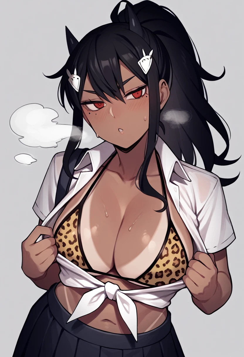 score_9, score_8_up, score_7_up, source_anime BREAK,helltaker,Mina Ashiro,BLACK HAIR, PONYTAIL, LONG HAIR, HAIR ORNAMENT, MOLE UNDER EYE, MOLE, RED EYES ,GYARU,TIED SHIRT,OPEN CLOTHES,BIKINI,,LEOPARD PRINT,(school uniform:1.3),1female,large breasts,tanlines,dark-skinned female,(steam,Sweat),