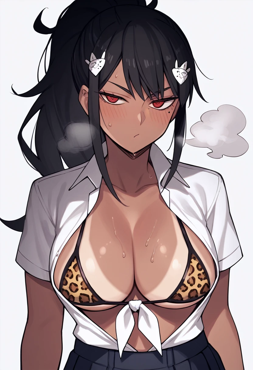 score_9, score_8_up, score_7_up, source_anime BREAK,helltaker,Mina Ashiro,BLACK HAIR, PONYTAIL, LONG HAIR, HAIR ORNAMENT, MOLE UNDER EYE, MOLE, RED EYES ,GYARU,TIED SHIRT,OPEN CLOTHES,BIKINI,,LEOPARD PRINT,(school uniform:1.3),1female,large breasts,tanlines,dark-skinned female,(steam,Sweat),