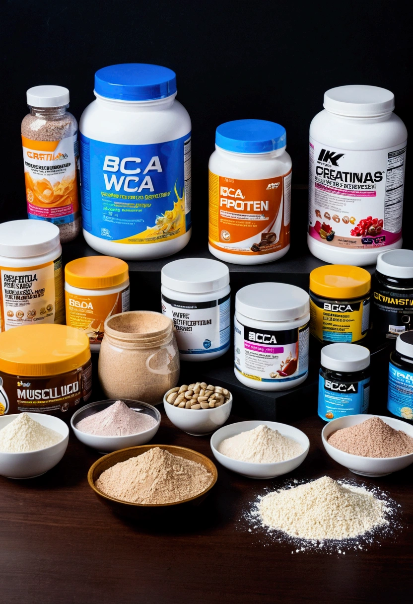 4k image quality,Detailed Description, an image of (multiple variety) of supplements, how to whey protein powder, creatine and BCAA, creatinas, and other bodybuilding supplements, on a table.variação of supplements para musculação