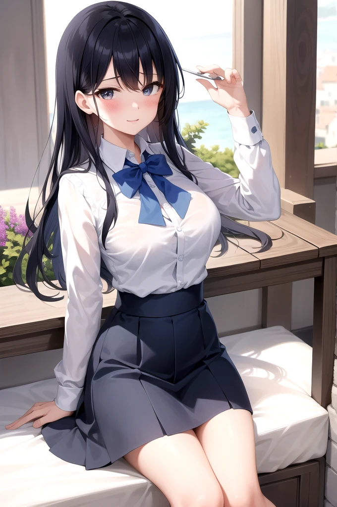 Best Quality, masterpiece, High resolution, detailed, Digital artwork, SiciliaVClaude, by the wide, For the blue, black skirt, White shirt, blue vest, red bow tie, blush, lake, mature woman, optimistic, [medium breasts : big breasts: 0.7],