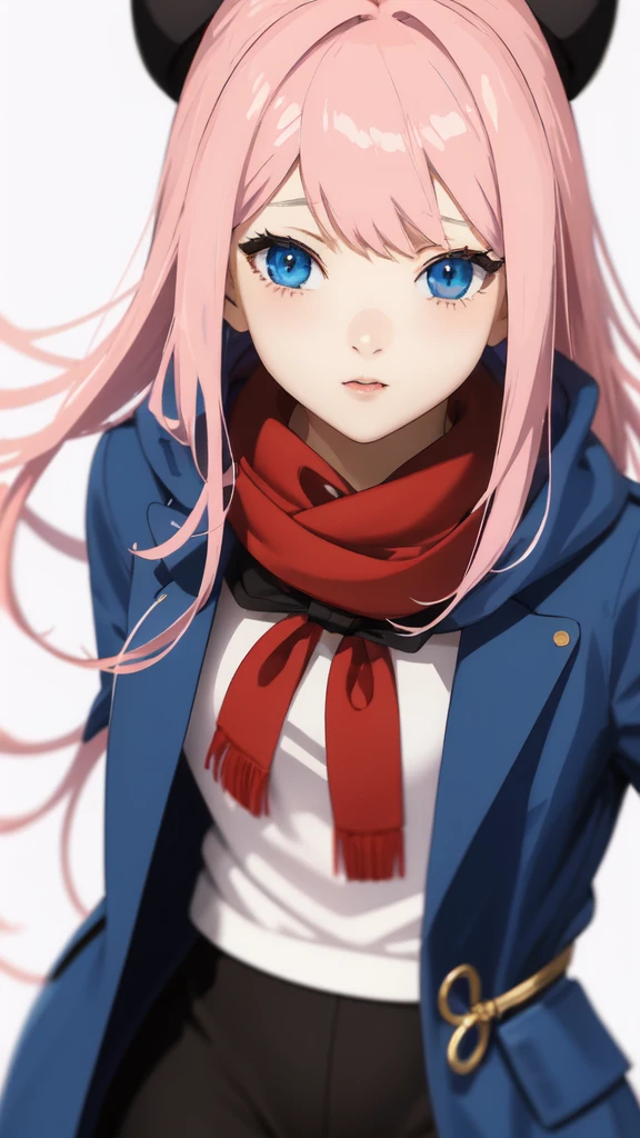 Create an anime girl image, White background, realistic and detailed graphics. young girl, 21 years old, With a cute face, large bright blue eyes and light smooth skin. She has pink hair, collected in a neat hairstyle, with small stray strands. The girl is dressed in a blue winter coat and a red scarf with black veins. The girl's mood is light and friendly, she smiles, creating an atmosphere of warmth and friendliness. Pay attention to the details of clothing and accessories, emphasizing her style and individuality.