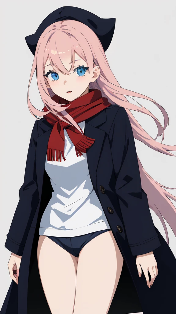 Create an anime girl image, White background, realistic and detailed graphics. young girl, 21 years old, With a cute face, large bright blue eyes and light smooth skin. She has pink hair, collected in a neat hairstyle, with small stray strands. The girl is dressed in a blue winter coat and a red scarf with black veins. The girl&#39;s mood is light and friendly, she smiles, creating an atmosphere of warmth and friendliness. Pay attention to the details of clothing and accessories, emphasizing her style and individuality.