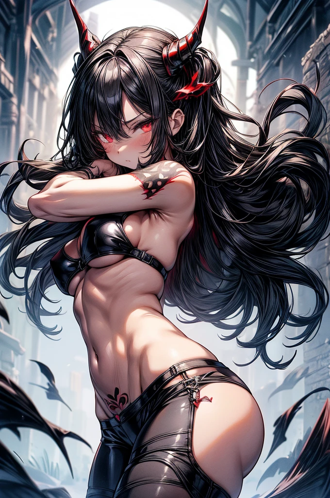 masterpiece, super detailed, high resolution, precision art, highly seductive anime girl. sexy and alluring, flawless dark red demonic skin, succubus, symmetrical face, beautiful olive eyes, flowing black hair, her very presence oozes seduction and allure, S-shaped body, black onyx colored horns jutting out her forehead, heart shaped tail protruding from her back, sexy and arousing slender and thin yet chiseled with enticing breasts, intricate and beautiful heart shaped tattoo engraved on her stomach, wearing spaghetti strap crop-top and form-fitting leggings that accentuate her round ass, hip-level shot