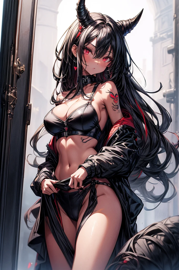 masterpiece, super detailed, high resolution, precision art, highly seductive anime girl. sexy and alluring, flawless dark red demonic skin, succubus, symmetrical face, beautiful olive eyes, flowing black hair, her very presence oozes seduction and allure, S-shaped body, black onyx colored horns jutting out her forehead, heart shaped tail protruding from her back, sexy and arousing slender and thin yet chiseled with enticing breasts, intricate and beautiful heart shaped tattoo engraved on her stomach, wearing spaghetti strap crop-top and form-fitting leggings that accentuate her round ass, hip-level shot