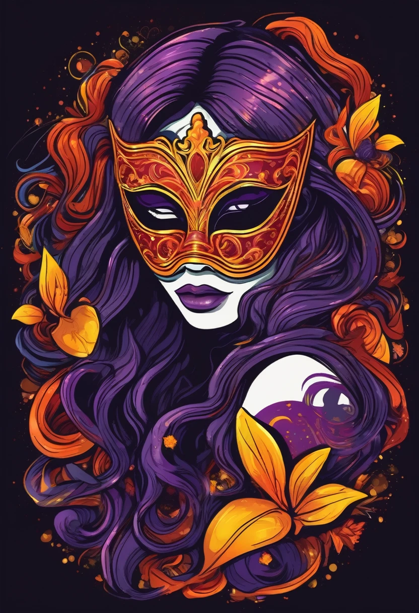 t shirt design, sticker, a masquerade mask and long braided purple hair in a dark room in the style of dark oranges reds and yellows, bottom of ocean, 