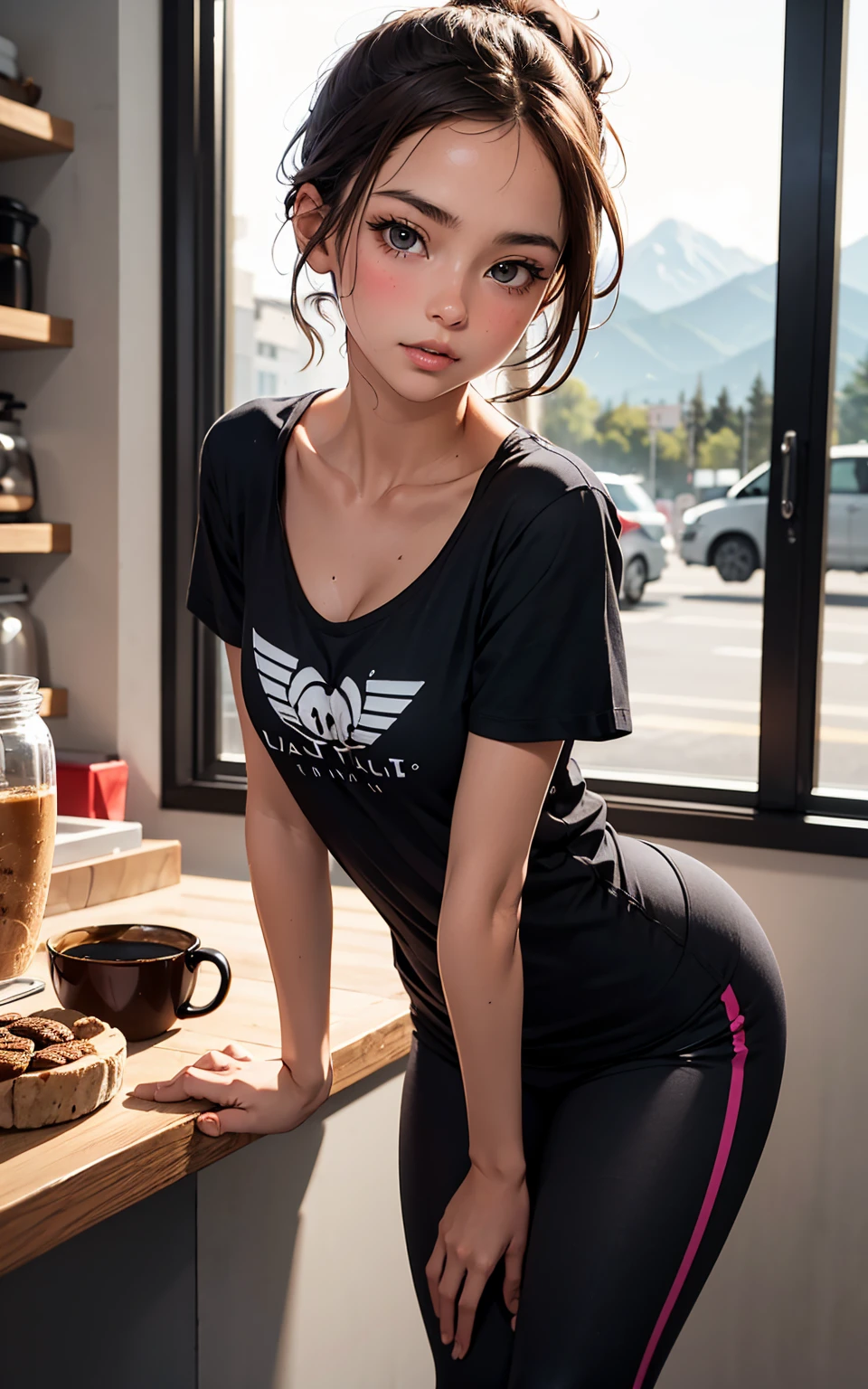 (best quality), perfect image, masterpiece,(26 year old woman)barista, yoga pants, brown hair, black tshirt with made up company logo across the chest, working at a locally owned coffee shop, working behind the counter with your cute coworker, ponytail, large window in background, small sized breasts, a beautiful mountain range is visable through the window, looking at viewer, deep u neck shirt, leaning forward, absolutely beautiful scene, cinamatic masterpiece, cleavage