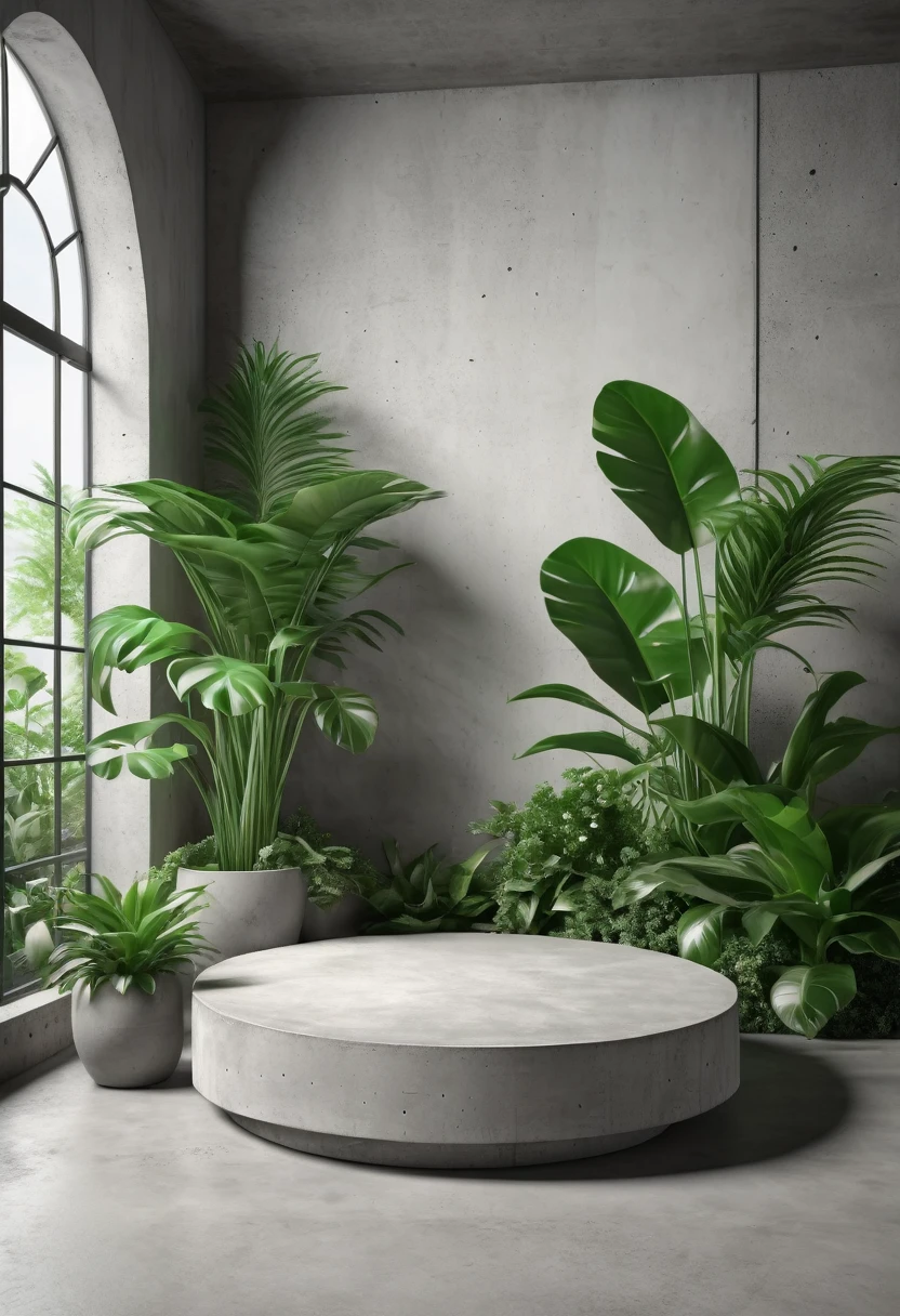 3D rendering of a concrete
podium for product
demonstrations, large green
plants aroun