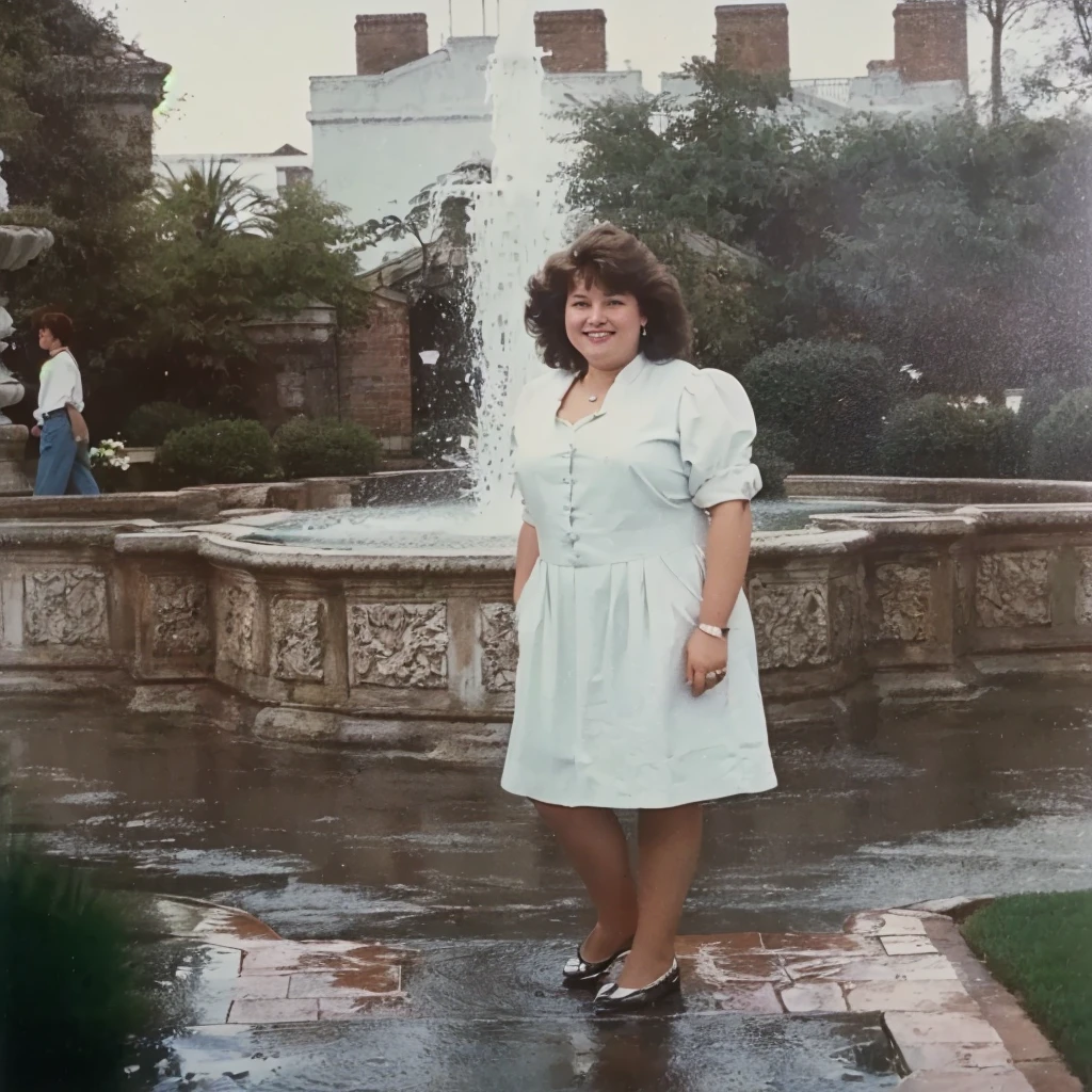 There is a woman standing in front of a fountain in a garden, photo from the 80s, taken in the late 1980s, old painting, on 1 9 8 5, old photo, 1 9 8 0 s photo, 19photo from the 80s, Location unknown, photo from the 80s, around 19 years, 8k old style photo