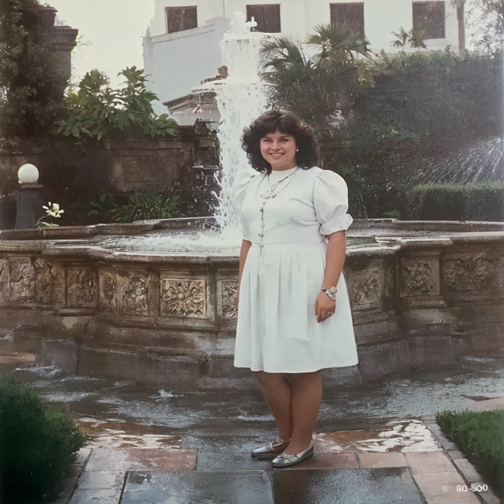 There is a woman standing in front of a fountain in a garden, photo from the 80s, taken in the late 1980s, old painting, on 1 9 8 5, old photo, 1 9 8 0 s photo, 19photo from the 80s, Location unknown, photo from the 80s, around 19 years, 8k old style photo