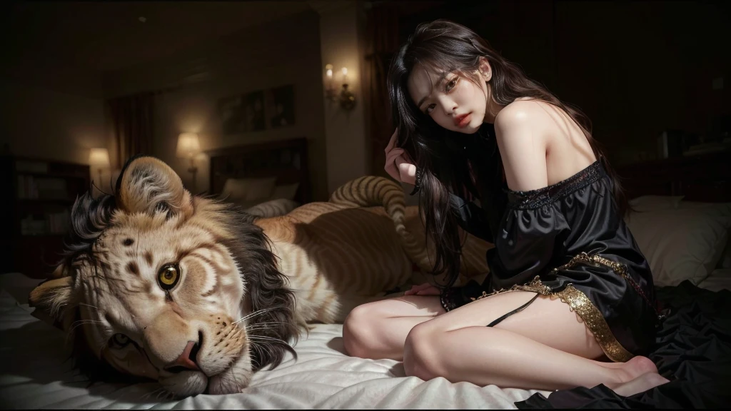 araffe her hair falling down her back ñ sitting on a bed with a stuffed lion and a woman, trending on cgstation, ruan jia and artgerm, trending at cgstation, attractive cat girl, artgerm and ruan jia, attractive pose, & jeehyung lee & wlop, masayoshi suto and artgerm, gorgeous chinese model, realistic. cheng yi