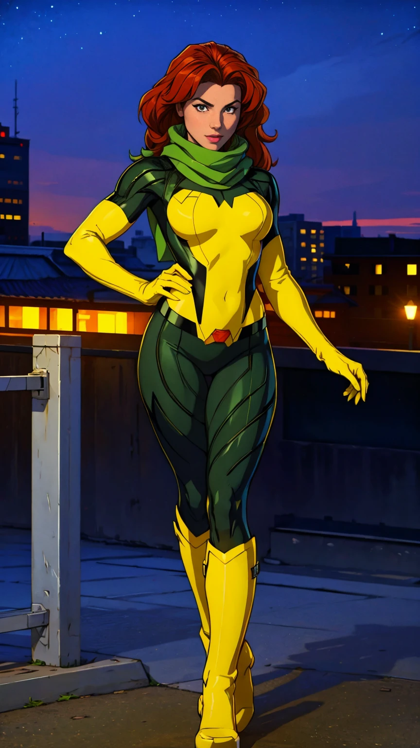 ((Full body photo, standing, feet on the ground)) (best quality, 4k, 8k, high resolution, masterpiece: 1,2), ultra-detailed, fishnet tights, (realistic, photorealistic, photorealistic: 1, 37), full body photo, Rogue, X-Men, yellow high boots, beauty pose, standing, show feet, outside, city roof at night, green bandana