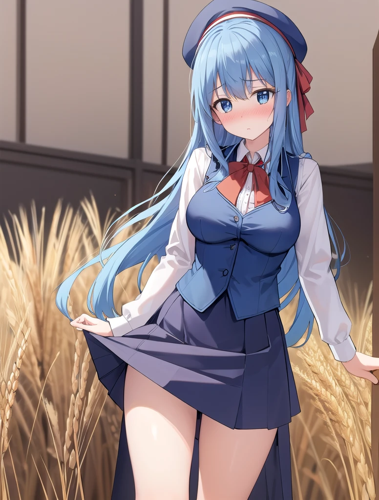 Best Quality, masterpiece, High resolution, detailed, Digital artwork, SiciliaVClaude, by the wide, For the blue, black skirt, White shirt, blue vest, red bow tie, blush, wheat field, mature woman, afraid, [medium breasts : big breasts: 0.7]