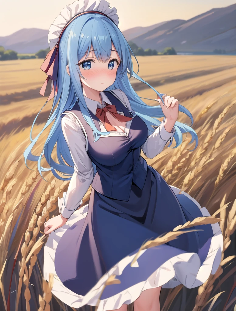 Best Quality, masterpiece, High resolution, detailed, Digital artwork, SiciliaVClaude, by the wide, For the blue, black skirt, White shirt, blue vest, red bow tie, blush, wheat field, mature woman, afraid, [medium breasts : big breasts: 0.7]