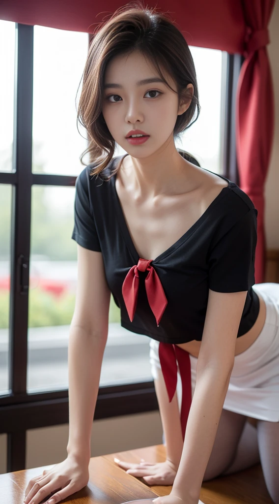 (8k,best quality,masterpiece:1.2),(In reality,realistic:1.4),(RAW photos),perfect details,18-year-old South Korean female model,Korean beautiful girl,Goose egg face shape,wavy curly hair,pure desire,((upper body:5 Point Shirt,black shirt,(Little Red Tie),short sleeve,Crop topping)),(private part:Skirt that hugs the buttocks,black),Wear pantyhose and sneakers,chest이 크다,chest,Butt Lift, skirt lift, hotel,rooms,window,stand on all fours