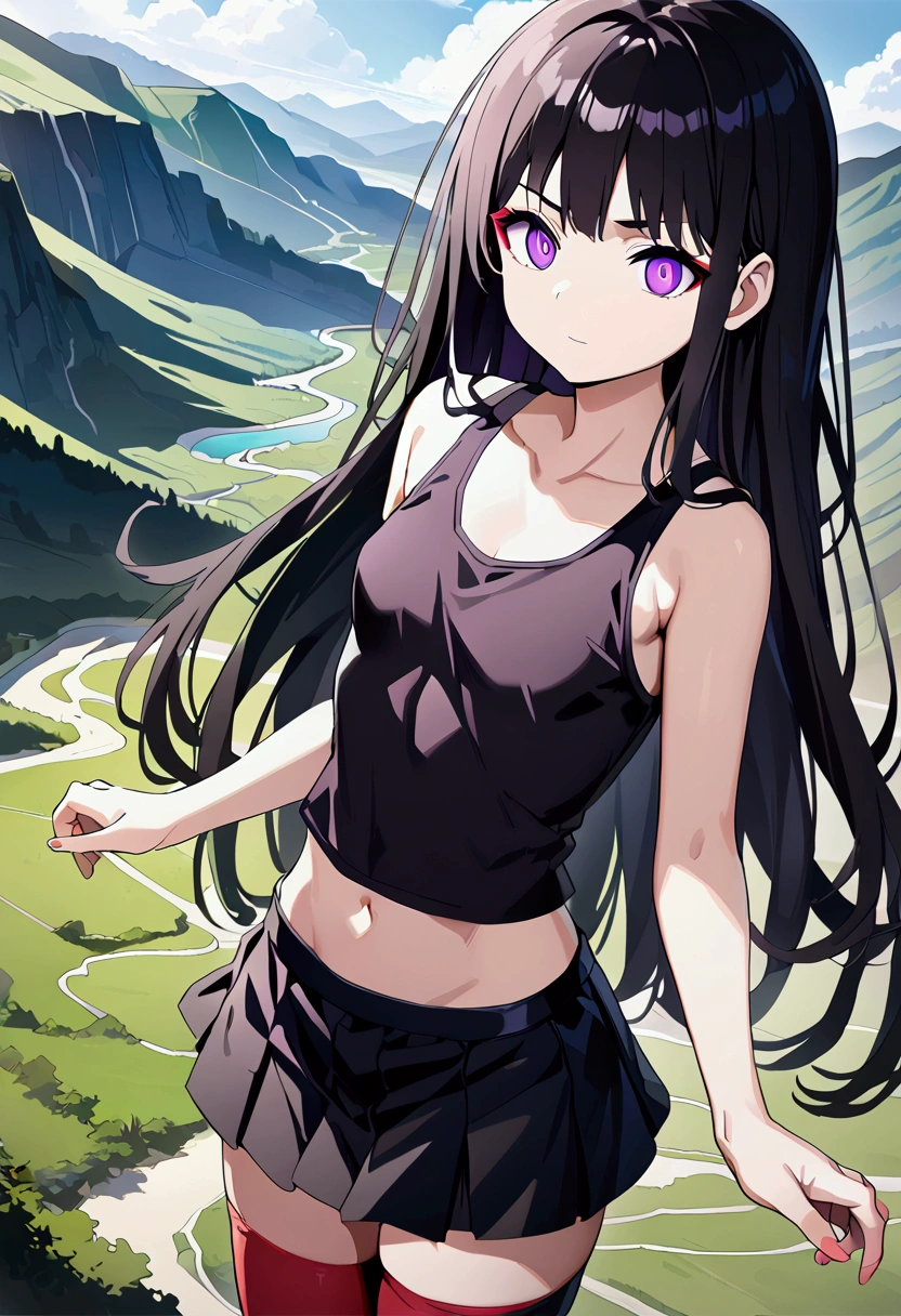 Highest quality, Highest image quality, masterpiece, teenage girl((13-year-old, Agar, vest bust, small breasts, navel focus, purple eyes, black hair, long hair, slender, highest valley, cute makeup, Black short skirt, Red spats, fluttering hair, Black navel tank top)), high quality, beautiful art, muste piece, Depth of written boundary, movie, visual art, perfect art, path, official art,