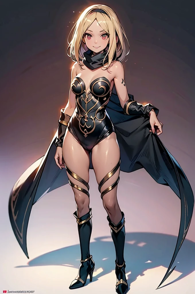 Two long thighs, yellow eyes, blonde hair, short hair, large breasts, detached sleeves, very white background, royal tiara, long cape, yellow tiger bikini, high heels, hands on hips. red tattoo on belly navel, full body female MILF BIMBO, lustful smirking smile face (red blush), metal shoulders, golden bracers sleeveless, black choker sex slave, blindolded, leather corset abs navel, parted lips, blindfolded