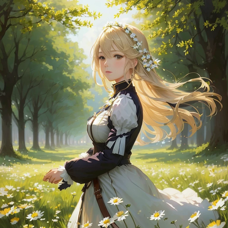 anime girl in a field of daisies with trees in the background, violet evergarden, a maid in a magical forest, blonde anime girl with long hair, beautiful anime portrait, guweiz on pixiv artstation, artwork in the style of guweiz, rin, artoria pendragon, beautiful maiden, anime visual of a cute girl