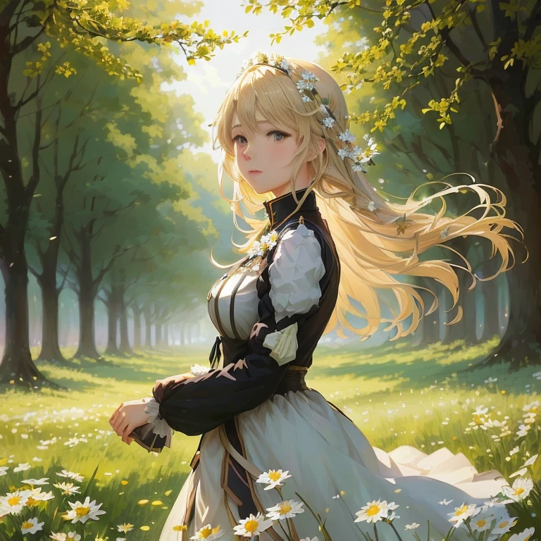 anime girl in a field of daisies with trees in the background, violet evergarden, a maid in a magical forest, blonde anime girl with long hair, beautiful anime portrait, guweiz on pixiv artstation, artwork in the style of guweiz, rin, artoria pendragon, beautiful maiden, anime visual of a cute girl