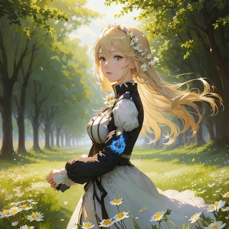 anime girl in a field of daisies with trees in the background, violet evergarden, a maid in a magical forest, blonde anime girl with long hair, beautiful anime portrait, guweiz on pixiv artstation, artwork in the style of guweiz, rin, artoria pendragon, beautiful maiden, anime visual of a cute girl