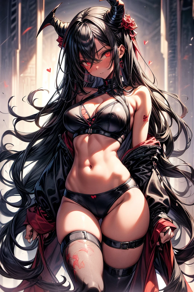 masterpiece, super detailed, high resolution, precision art, highly seductive anime girl. sexy and alluring, flawless dark red demonic skin, succubus, symmetrical face, beautiful olive eyes, flowing black hair, her very presence oozes seduction and allure, S-shaped body, black onyx colored horns jutting out her forehead, heart shaped tail protruding from her back, sexy and arousing slender and thin yet chiseled with enticing breasts, intricate and beautiful heart shaped tattoo engraved on her stomach, wearing spaghetti strap crop-top and form-fitting leggings that accentuate her round ass, hip-level shot