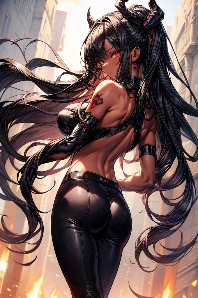 masterpiece, super detailed, high resolution, precision art, highly seductive anime girl. sexy and alluring, flawless dark red demonic skin, succubus, symmetrical face, beautiful olive eyes, flowing black hair, her very presence oozes seduction and allure, S-shaped body, black onyx colored horns jutting out her forehead, heart shaped tail protruding from her back, sexy and arousing slender and thin yet chiseled with enticing breasts, intricate and beautiful heart shaped tattoo engraved on her stomach, wearing spaghetti strap crop-top and form-fitting leggings that accentuate her round ass, hip-level shot