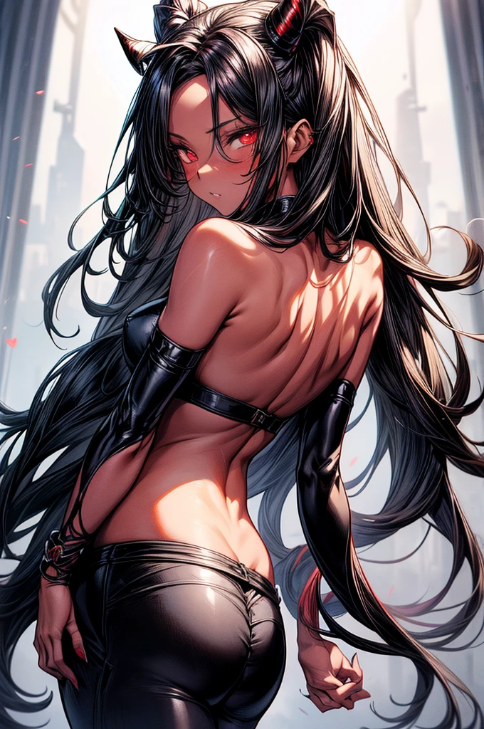 masterpiece, super detailed, high resolution, precision art, highly seductive anime girl. sexy and alluring, flawless dark red demonic skin, succubus, symmetrical face, beautiful olive eyes, flowing black hair, her very presence oozes seduction and allure, S-shaped body, black onyx colored horns jutting out her forehead, heart shaped tail protruding from her back, sexy and arousing slender and thin yet chiseled with enticing breasts, intricate and beautiful heart shaped tattoo engraved on her stomach, wearing spaghetti strap crop-top and form-fitting leggings that accentuate her round ass, hip-level shot