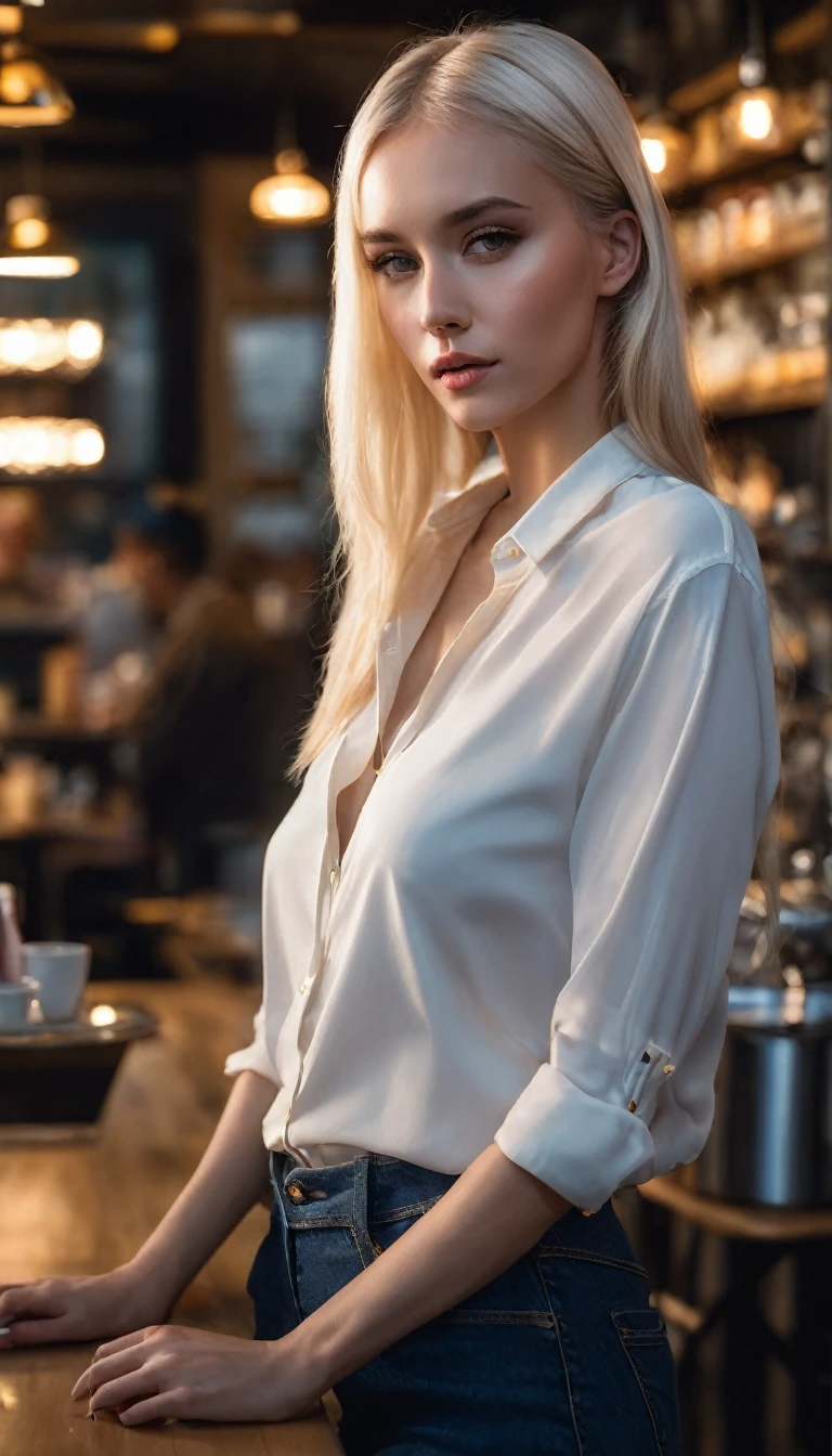 (standing portrait:1.2) of (zxzx:1) at cafe hard rim lighting photograpy, boke, 4k, 500px, ultra realistic, magazine cover, intense light blonde hairintense light blonde, intense light blonde hairintense light blonde