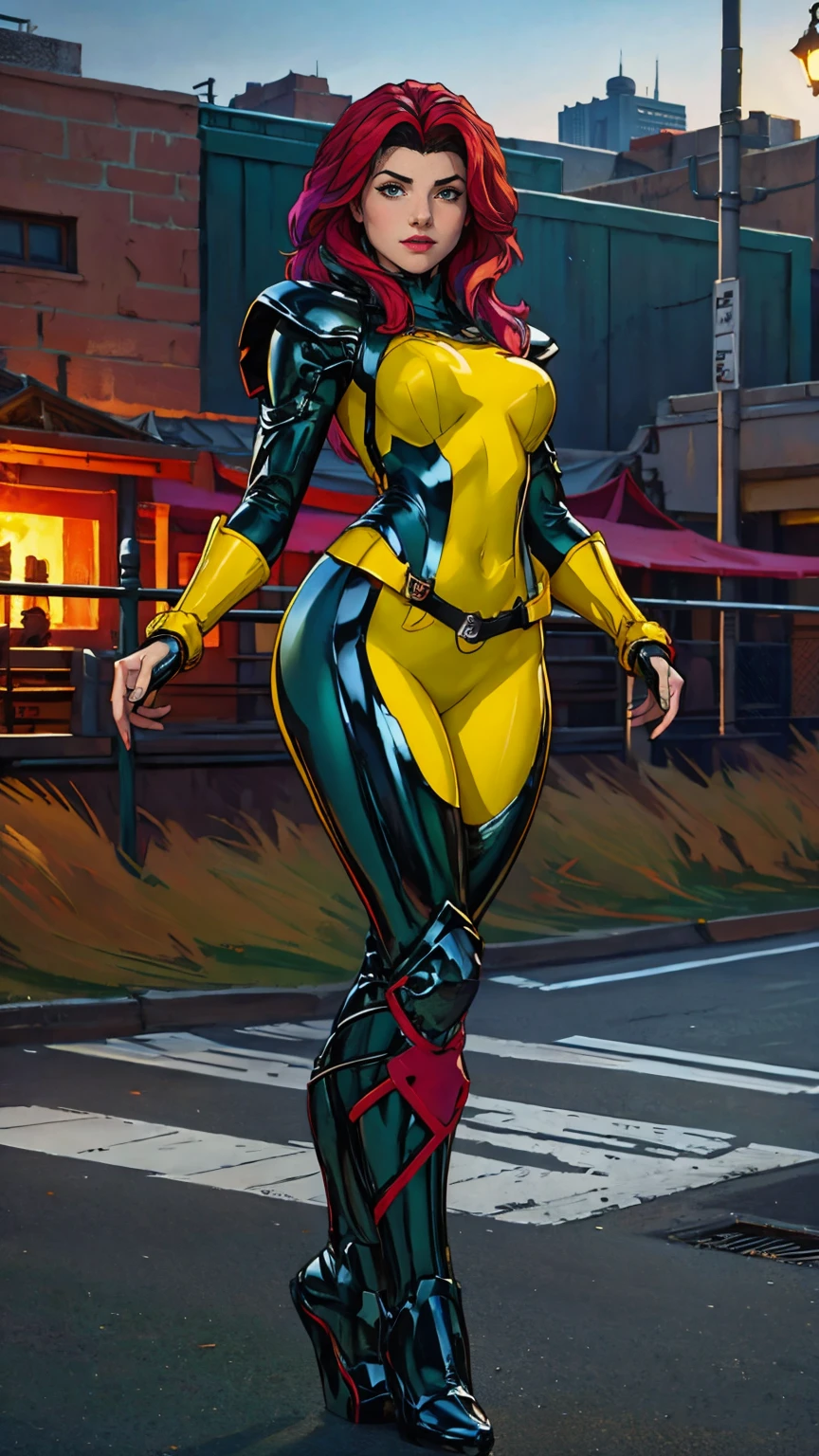 ((Full body photo, standing, feet on the ground)) (best quality, 4k, 8k, high resolution, masterpiece: 1,2), ultra-detailed, fishnet tights, (realistic, photorealistic, photorealistic: 1, 37), full body photo, Rogue, X-Men, yellow high boots, beauty pose, standing, show feet, outside, city roof at night, green bandana
