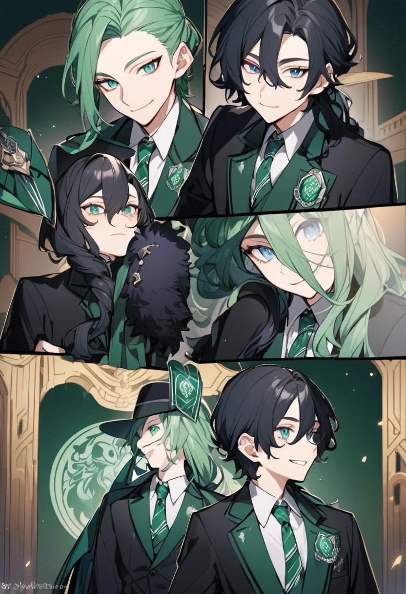 Prince, 1 male, black fur, blue eyes. black suit. smile, he is a magician, slytherin