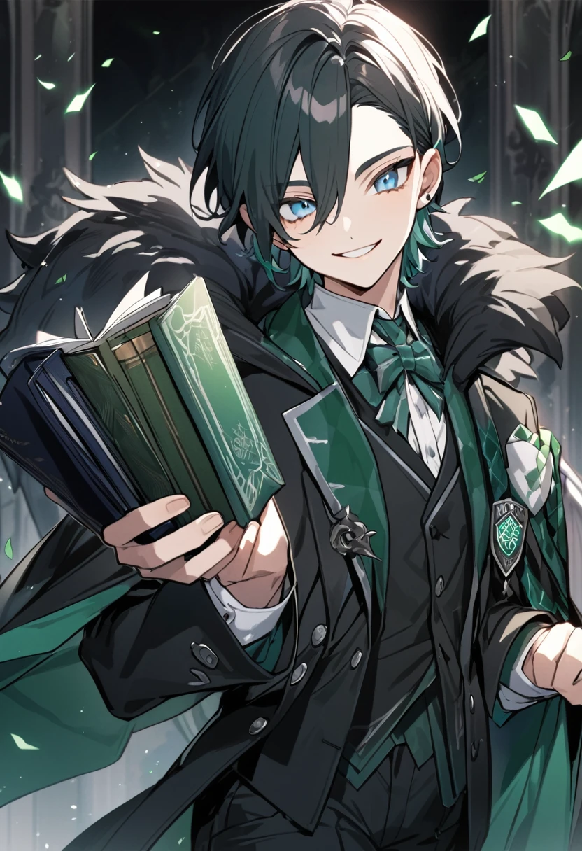 Prince, 1 male, black fur, blue eyes. black suit. smile, he is a magician, slytherin