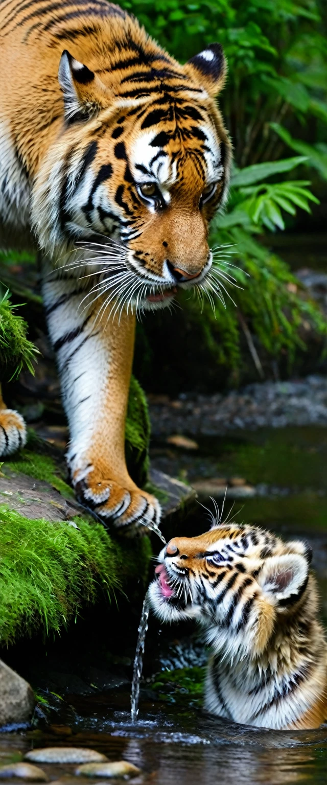 A Siberian tiger drinking water from a stream with its cub