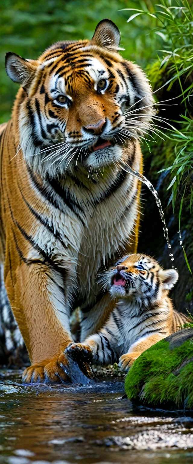 A Siberian tiger drinking water from a stream with its cub 