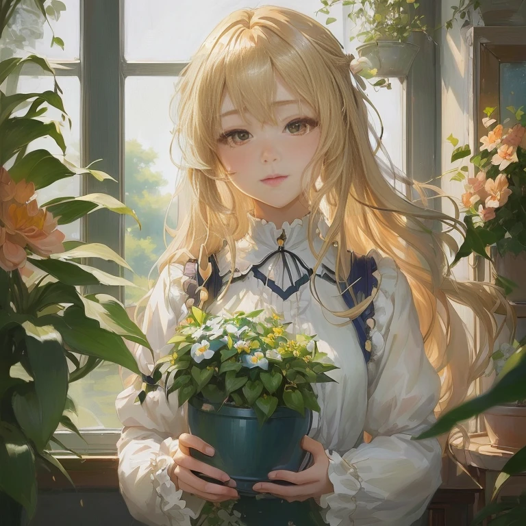 anime girl holding a potted plant in front of a window, blonde anime girl with long hair, violet evergarden, beautiful anime portrait, lofi portrait, anime visual of a cute girl, painted in anime painter studio, high quality portrait, anime girl with long hair, cute anime girl, portrait anime girl, cute anime girl portrait, young anime girl, anime portrait