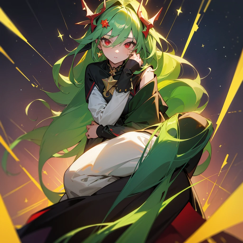 (masterpiece, best quality:1.2),solo,1girl,averting_eyes,earrings,hair_between_eyes,hair_ornament,jewelry,long_hair, earrings, Green_Hair, Red_Eyes, Pretty_Girl, Stars, full_body.
