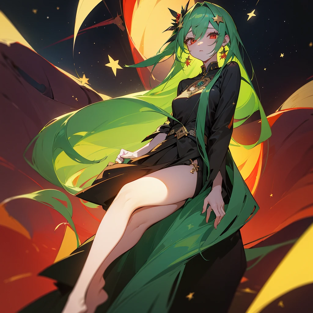 (masterpiece, best quality:1.2),solo,1girl,averting_eyes,earrings,hair_between_eyes,hair_ornament,jewelry,long_hair, earrings, Green_Hair, Red_Eyes, Pretty_Girl, Stars, full_body.