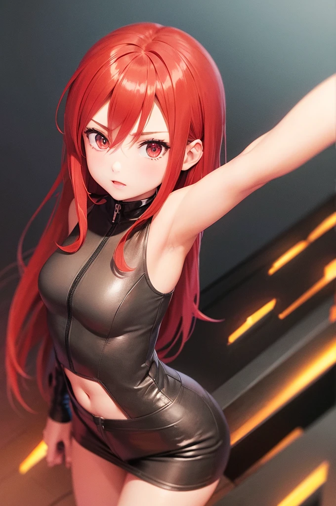girl anime, 15 years, selfie, head-set, music, red eyes, red hair, angry, fire background