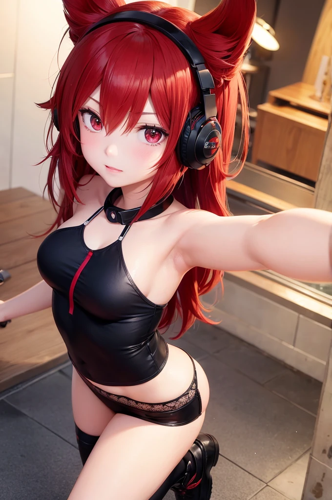 girl anime, 15 years, selfie, head-set, music, red eyes, red hair, angry, fire background