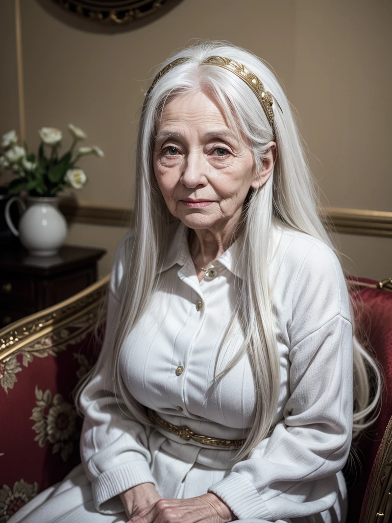 An elderly woman sitting with long white hair 