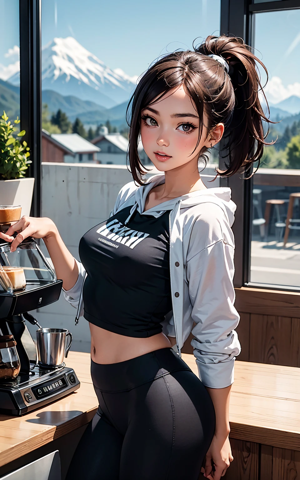 (best quality), perfect image, masterpiece,(26 year old woman)barista, yoga pants, brown hair, gray croptop hoodie with made up company logo across the chest, working at a locally owned coffee shop, working behind the counter with your cute coworker, ponytail, large window in background, small sized breasts, a beautiful mountain range is visable through the window, looking at viewer, leaning forward, absolutely beautiful scene, cinamatic masterpiece, hoodie, 