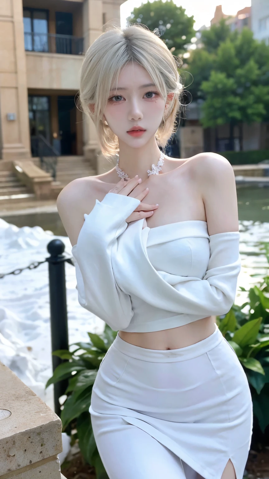 Beautiful woman with perfect figure:1.4，snow，Touching butt with both hands，snow背景，Layered Hairstyle，White skin，Prominent cleavage，Pleated Skirt，whole body，Very delicate face and skin texture，Double eyelids，Skin Whitening，Long white hair