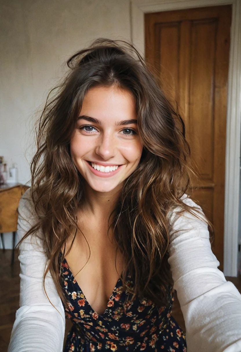 20-year-old French girl, assise en robe brunette, yeux de couleurs marrons foncé, big grin , Hair messy but not too messy, photos in a lit house photos taken IN SELFIE