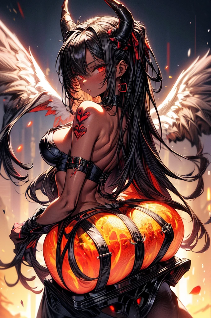 masterpiece, super detailed, high resolution, precision art, highly seductive anime girl. sexy and alluring, flawless dark red demonic skin, succubus, symmetrical face, beautiful olive eyes, flowing black hair, her very presence oozes seduction and allure, S-shaped body, black onyx colored horns jutting out her forehead, heart shaped tail protruding from her back, sexy and arousing slender and thin yet chiseled with enticing breasts, intricate and beautiful heart shaped tattoo engraved on her stomach, wearing spaghetti strap crop-top and form-fitting leggings that accentuate her round ass, hip-level shot