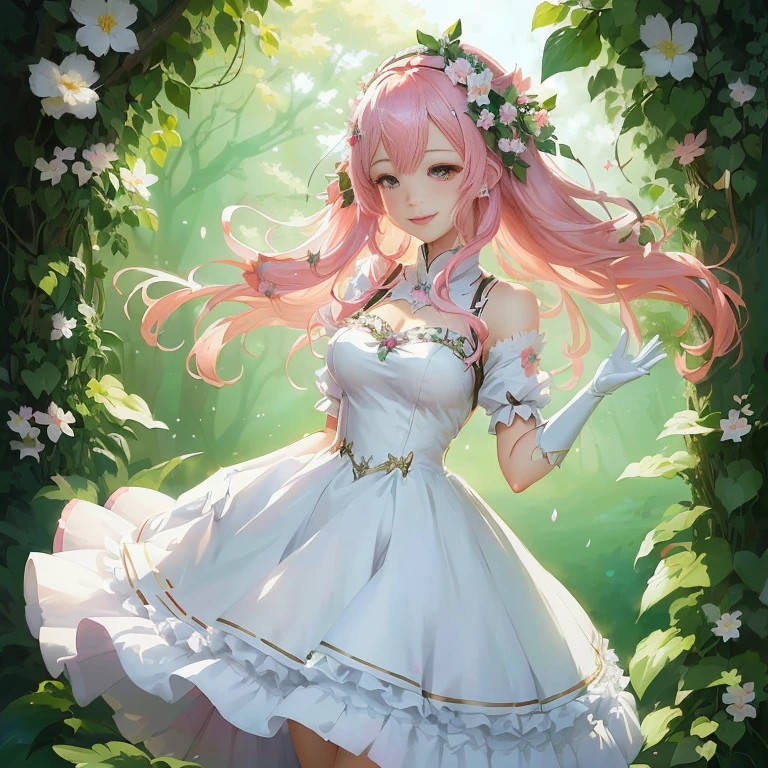 anime girl in a white dress with pink hair and a flower crown, in dress, cute anime waifu in a nice dress, a maid in a magical forest, guweiz on pixiv artstation, cushart krenz key art feminine, smiling as a queen of fairies, guweiz on artstation pixiv, splash art anime